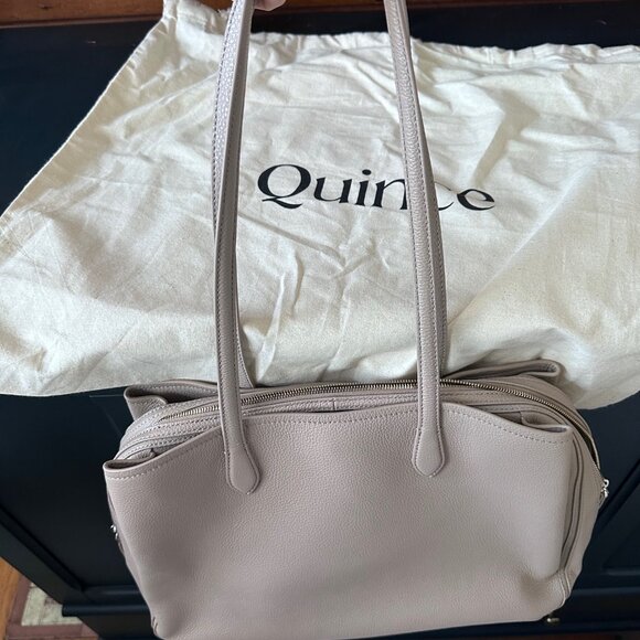 Quince Taupe Italian Leather Triple Compartment Work Tote EUC Org $169 - Picture 1 of 9